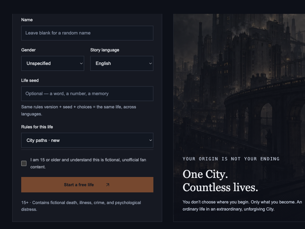 Free life setup screen showing the Life seed and rules version fields.